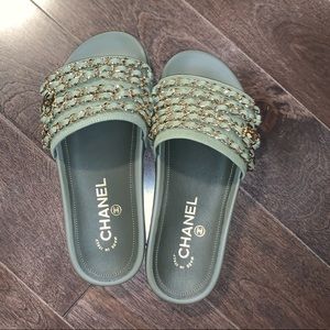 Chanel Green Khaki Mule Slide Flat Sandals